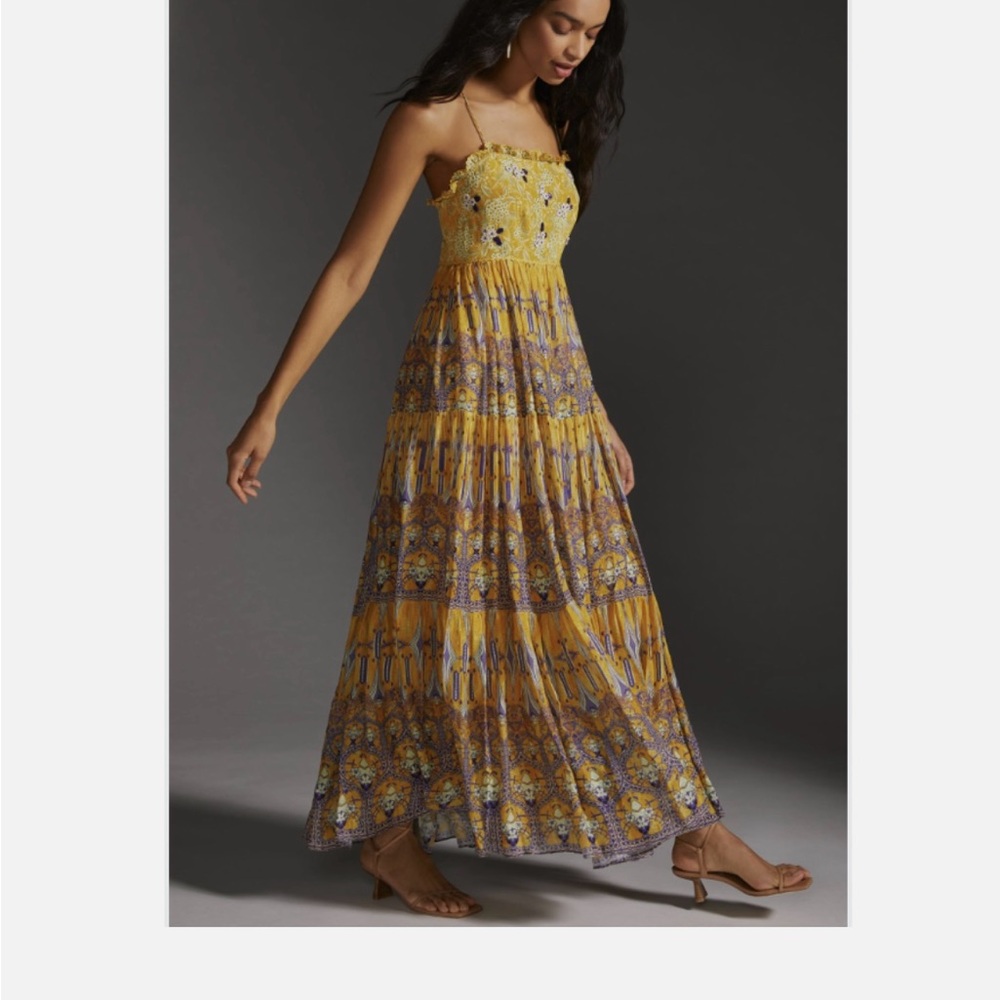 Anthropologie Yellow Smocked Tiered Maxi Dress Wedding Guest